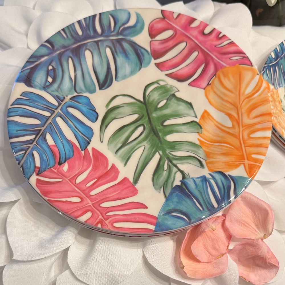 Tropical 8 piece set Melamine Leaf Patterned Dinner Plates & Bowls NWT - Picture 3 of 14